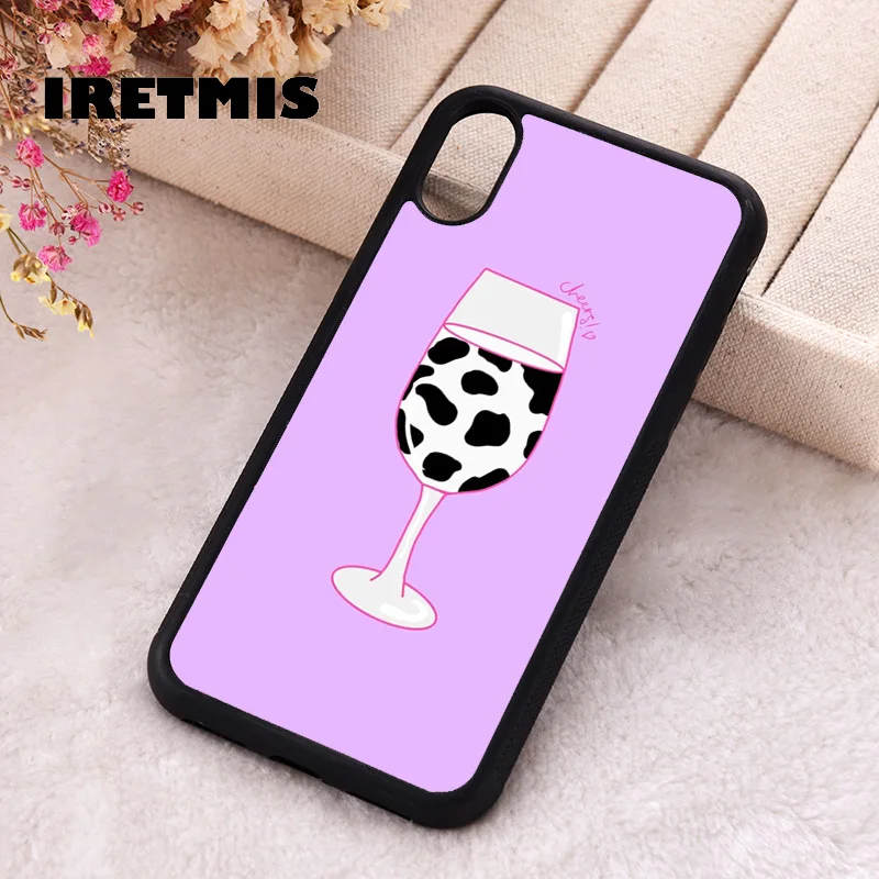 Iretmis Phone Cover Case For iPhone X XS Max XR 11 12 13 PRO MINI 14 15 16 Plus Rubber Cow Print Wine Glass 90s Aesthetic