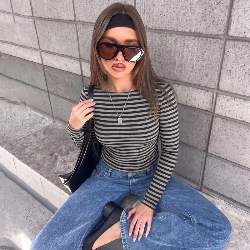 Hugcitar Gestreiftes Farbblock-Langarmshirt, Sexy Slim Fit Crop T-Shirt Top, Herbst Damenmode Kleidung, Streetwear, Party, Club – Detail 24