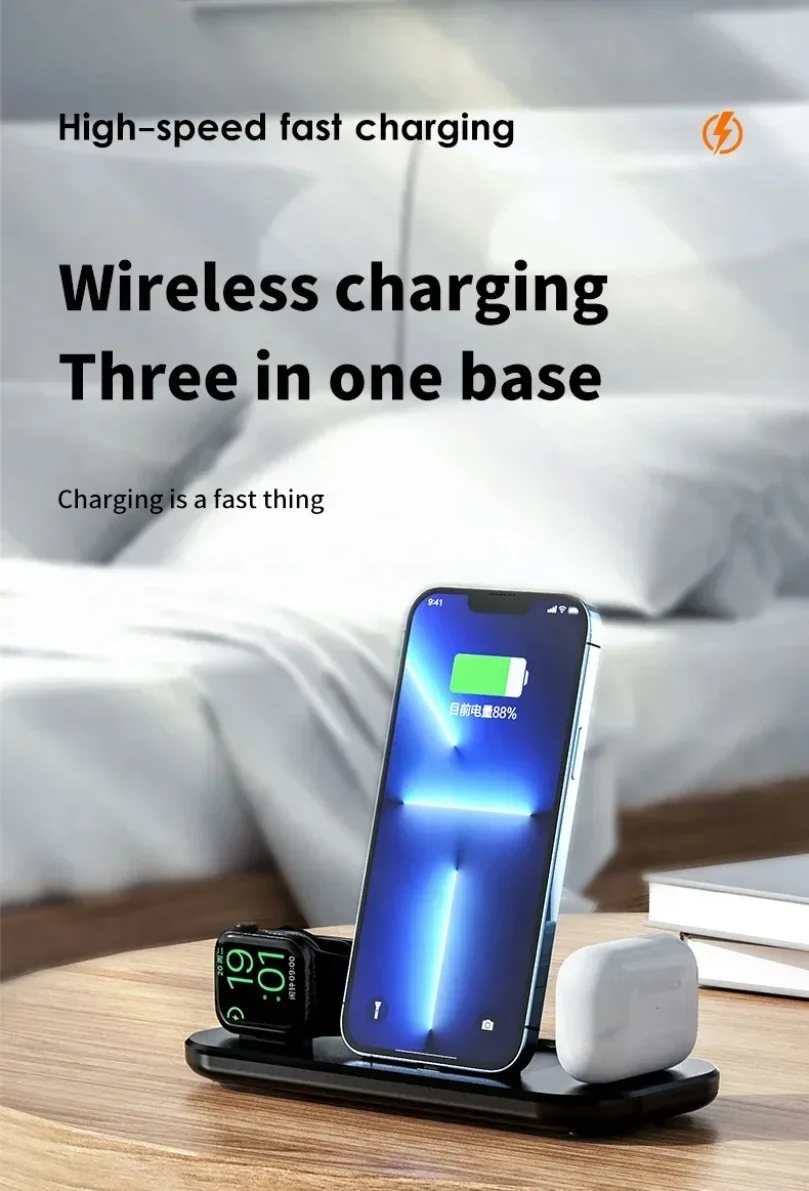 3-in-1 Schnell-Ladestation Faltbares Kabelloses Ladegerät Ständer Dock Handyhalter für iPhone 17-12 Apple Watch AirPods – Detail 2