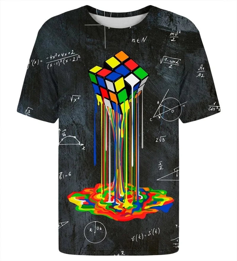 Unisex Melting Cube T-shirt, Featuring Blackboard Math Formulas, Geometric Art, Colorful Drip Prints, and Street Style Designs.