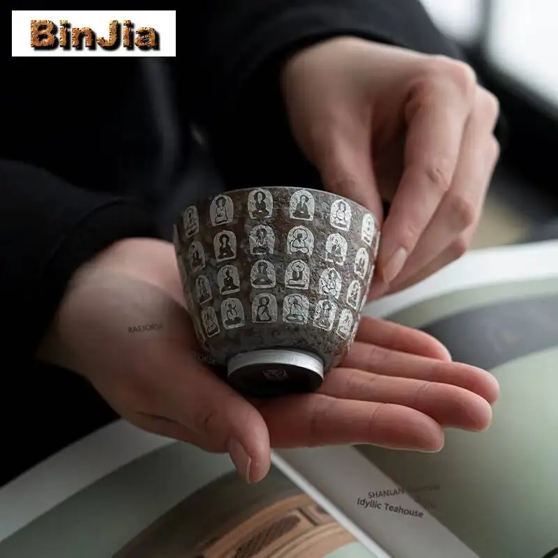 120ml Gilt Silver Thousand Buddhas Teacup Retro Tea Bowl Single Cups Tea-tasting Fragrance Cup Chazhan Master Cups Tea Services