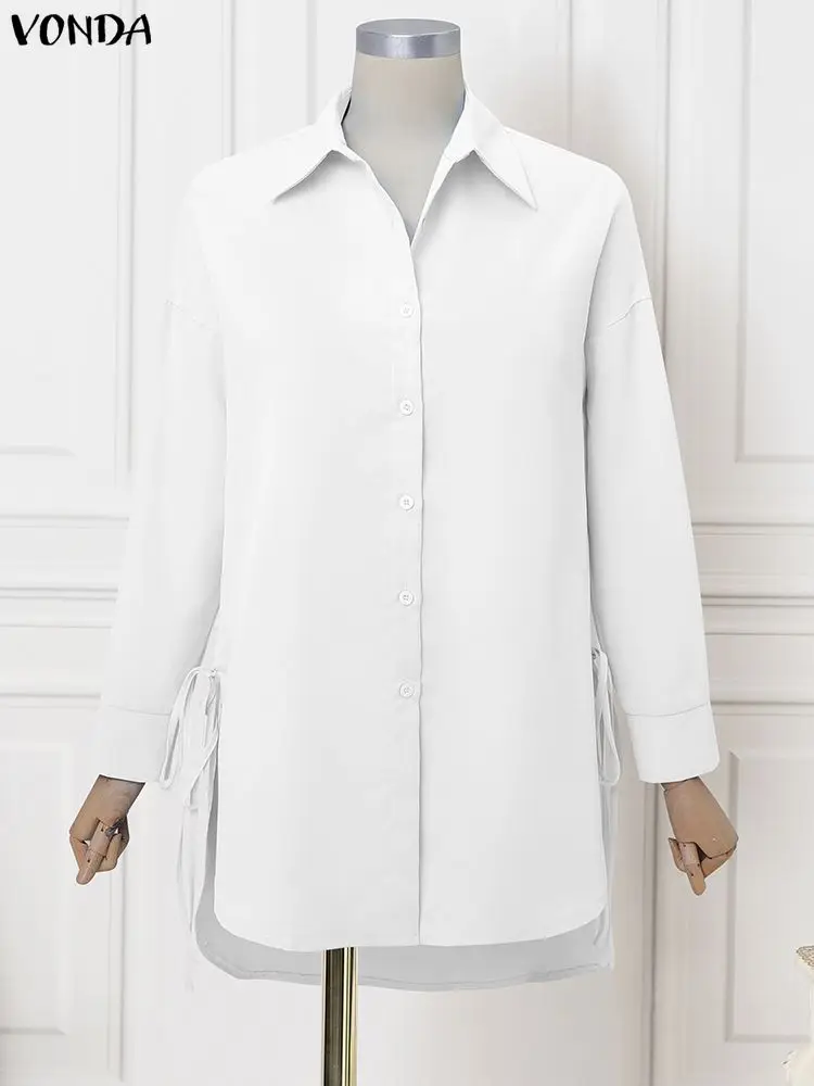 

Женские рубашки больших размеров 5XL, модные блузки с длинным рукавом VONDA, туники со шнуровкой и лацканами, женские однотонные повседневные рабочие топы OL