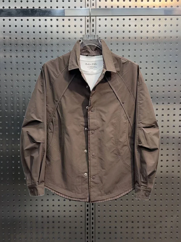 Fall Fashion Simple Brown Men's Jacket Casual Open Cardigan Shirt Handsome Workwear Coat Loose Fit Youthful Style Four Seasons