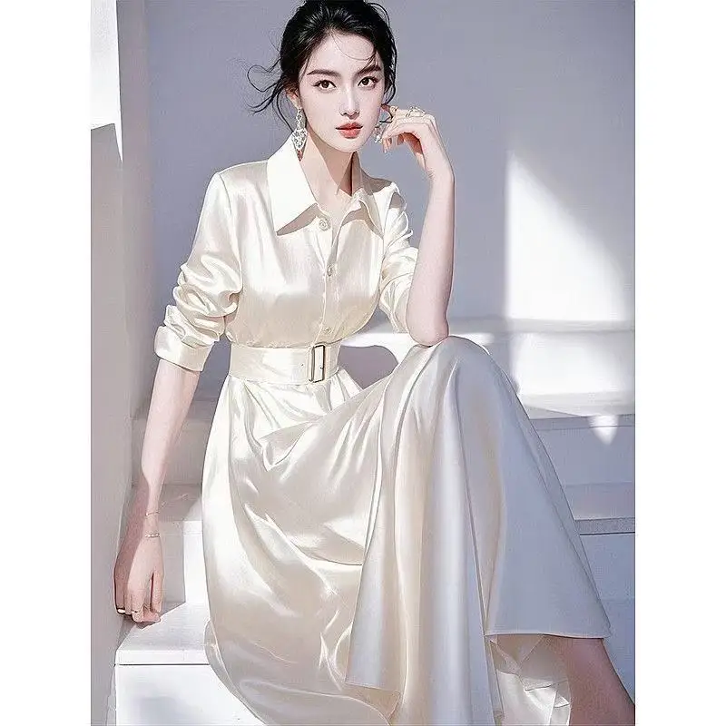 여성용 화이트 새틴 프렌치 엘레강트 오피스 스타일 긴 소매 셔츠 드레스 2025년 신상 봄 하이웨이스트 패션 럭셔리 드레스 Y2K