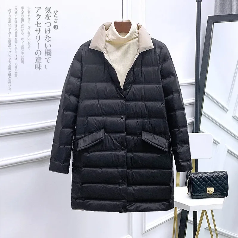 Autumn Winter Reversible Down Jacket Women Warm Light Thin White Coat Parka Female Midi Long Outwears