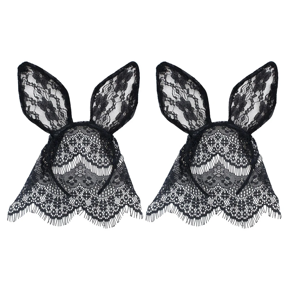 

2pcs Cat Rabbit Ear Headbands Lace Animal Hair Hoops Veil Party Hair Accessory Costume Festival Performance Headdress