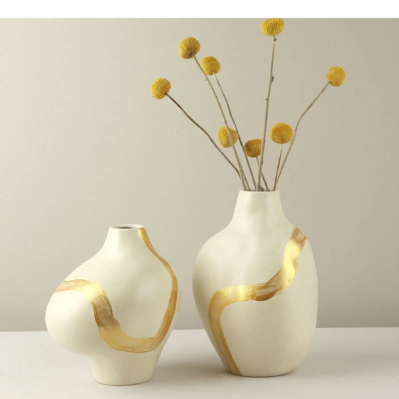 Irregular Shape Ceramic Vase Flowers Pots Desk Decoration Flower Arrangement Golden Stripes Floral Vases Modern Decor