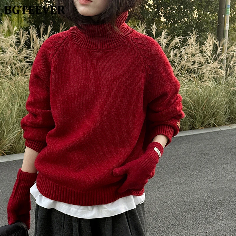 

BGTEEVER Casual Thicken Loose Turtleneck Sweaters Jumpers for Women Autumn Winter Long Sleeve Warm Ladies Knitted Pullovers