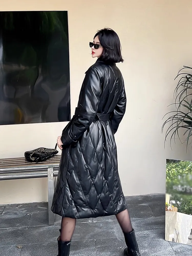 Inverno feminino longo pele de carneiro couro genuíno para baixo jaqueta com cinto fino ajuste grosso quente casaco senhora do escritório blusão trench coat