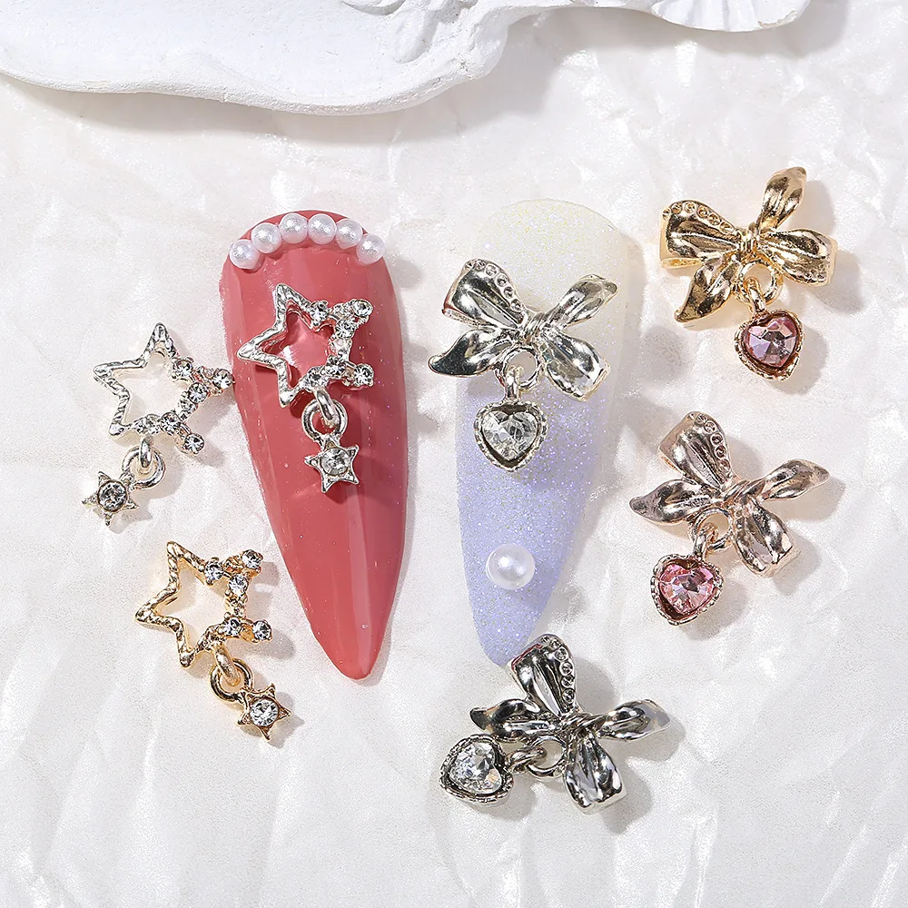 10Pcs Nail Art Dangle Designs Bowtie Star Shaped Crystal Rhinestones For 3D Alloy Nail DIY Crafts Manicure Accessories