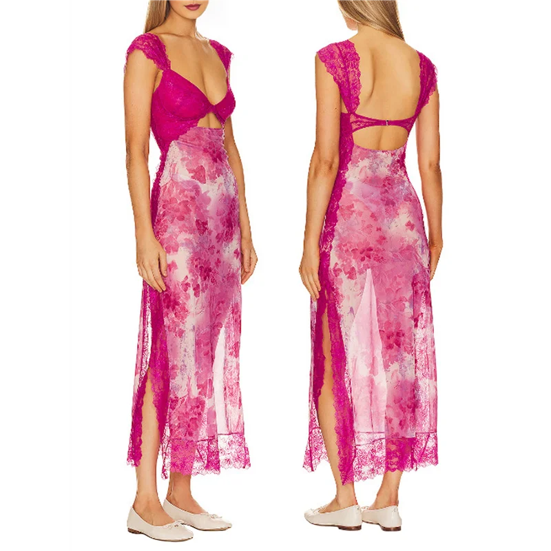 ASDS-Donna Abito lungo in rete patchwork di pizzo Stampa floreale Ritaglio Collo a cuore Spacco senza schienale Abiti lunghi estivi Y2K