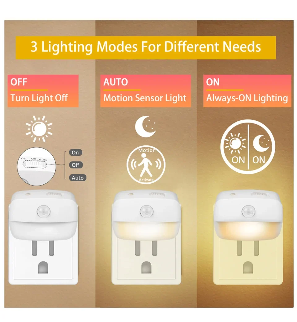 LED Motion Sensor Night Light With Socket EU US Plug IN Wall Lamp 3 Light Modes Touch Dimming For Bedroom Bedside Stair Decor