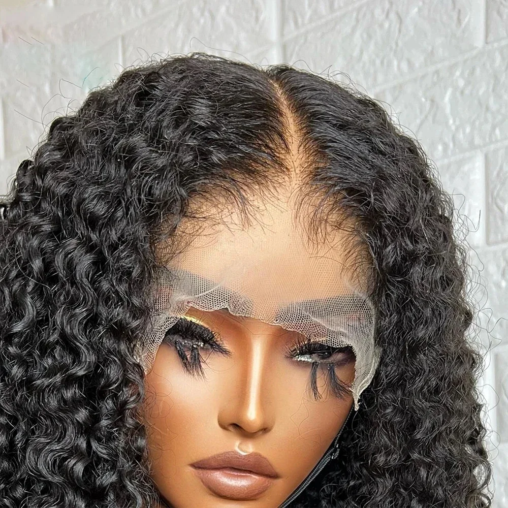 Perruque Lace Front Wig sans colle bouclée crépue noire pour femme, cheveux de bébé préplumés, densité 180, 26 po de long, 03/