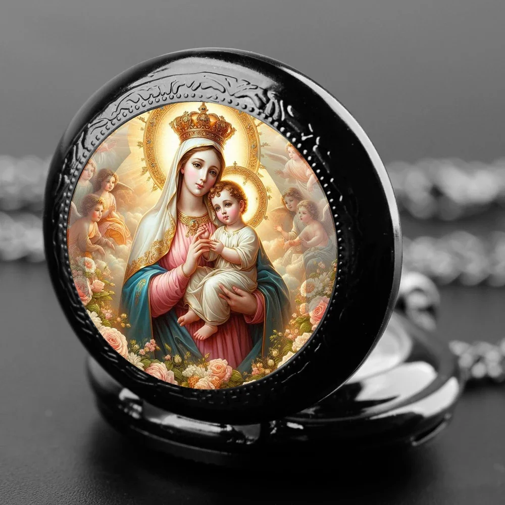 Vergine Maria e bambino Gesù Cattolicesimo cristiano Orologio da tasca con collana a catena Orologi con ciondolo al quarzo vintage Regalo da donna per uomo