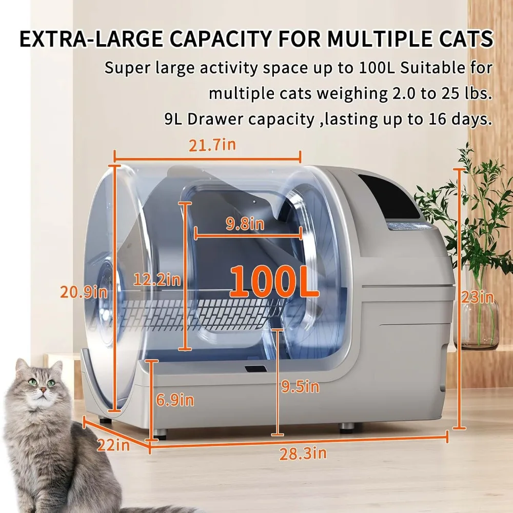 Automatic Cat Litter Box Self Cleaning 100L Extra Large Cat Litter Box with APP Control& Safe Alert & Smart Health Monitor