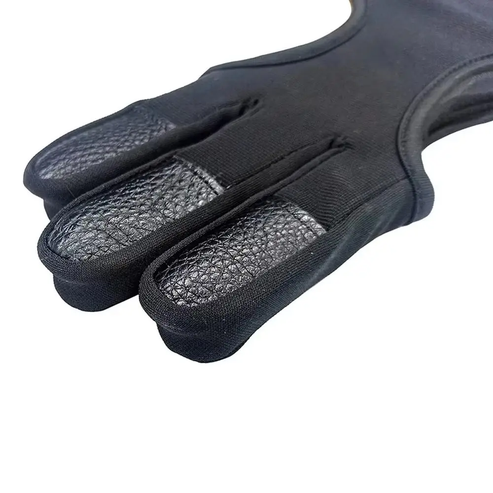 Non-Slip Three-Finger Gloves Breathable Leather Fingertip Recurve Bow Gloves Lightweight Black Shooting Hand Guard Beginners Use