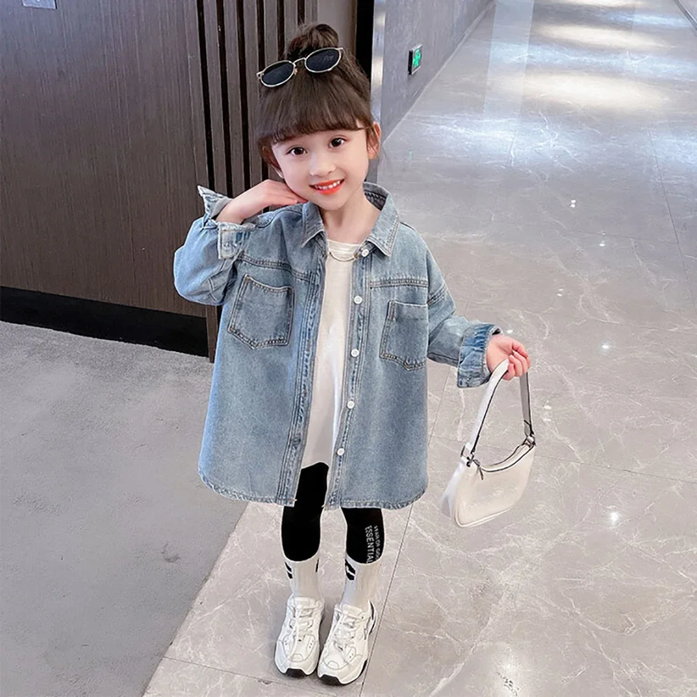 

Girls' Denim Jacket Spring Summer Turn Down Collar Thin Coats 2024 New Children's Clothing Korean Boys Jean Shirt 2-7Y