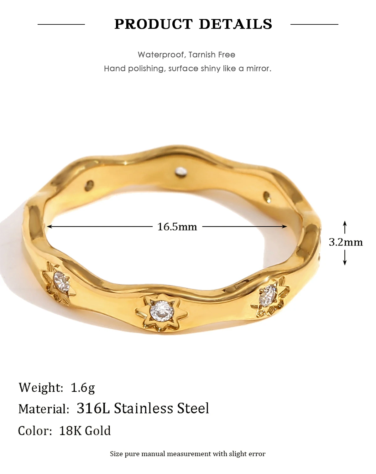 E.B.belle Strass Acht Granne Stern Welle Form Ring Edelstahl 18k Gold Überzogene Exquisite Frauen Schmuck Für Party Dating – Detail 2