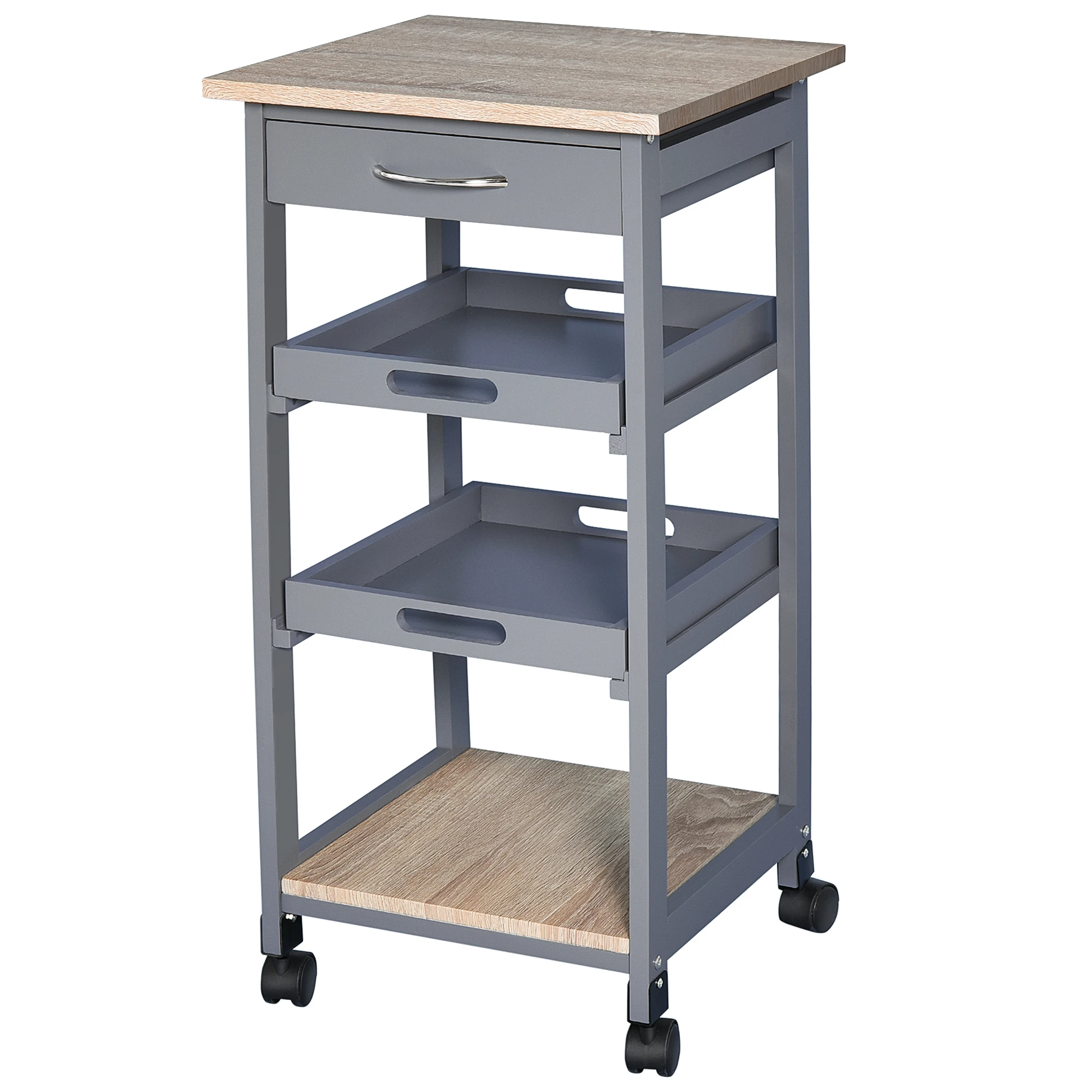 Carrello di servizio HOMCOM con ruote, 2 vassoi rimovibili, cassetto, ripiano in rovere chiaro, colore grigio