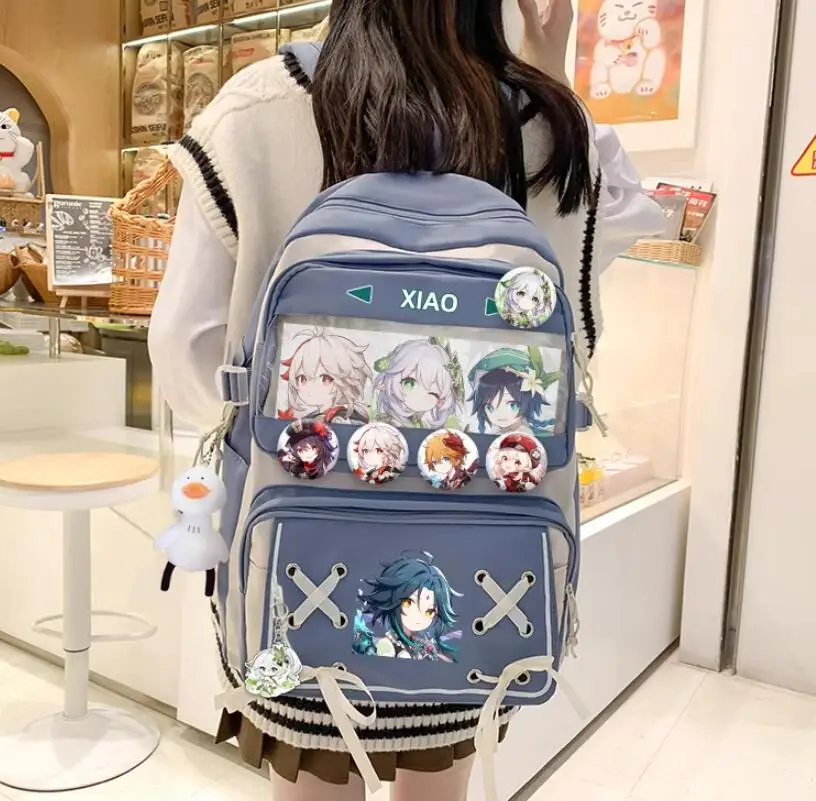 Kokomi Genshin Impact con Pain Badge portachiavi zaino Anime trasparente Pain Book Bag Laptop School Girls Boys zaino regalo