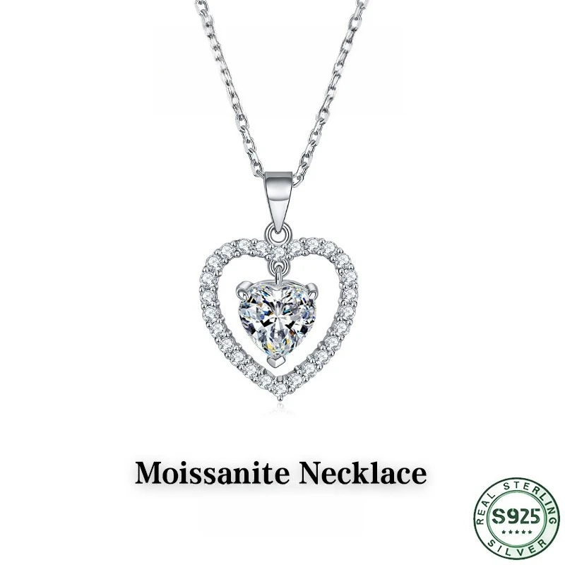 Hot selling 100% S925 silver necklace, super sparkling heart-shaped moissanite pendant necklace, light luxury high-end necklace
