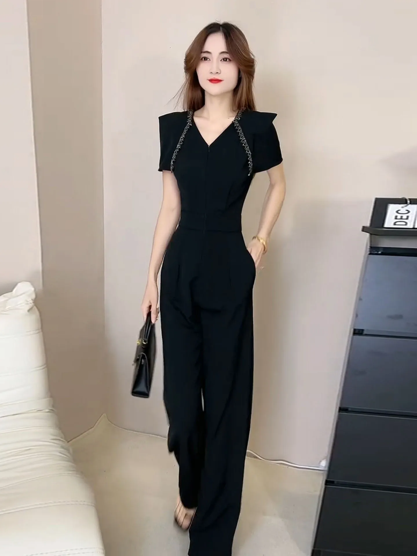 Ele Diamond Embedded V-Ne-Piece Pants High Waist Wide Leg Suit for Women Faionable Anti-Aging Summer High-End Fee...