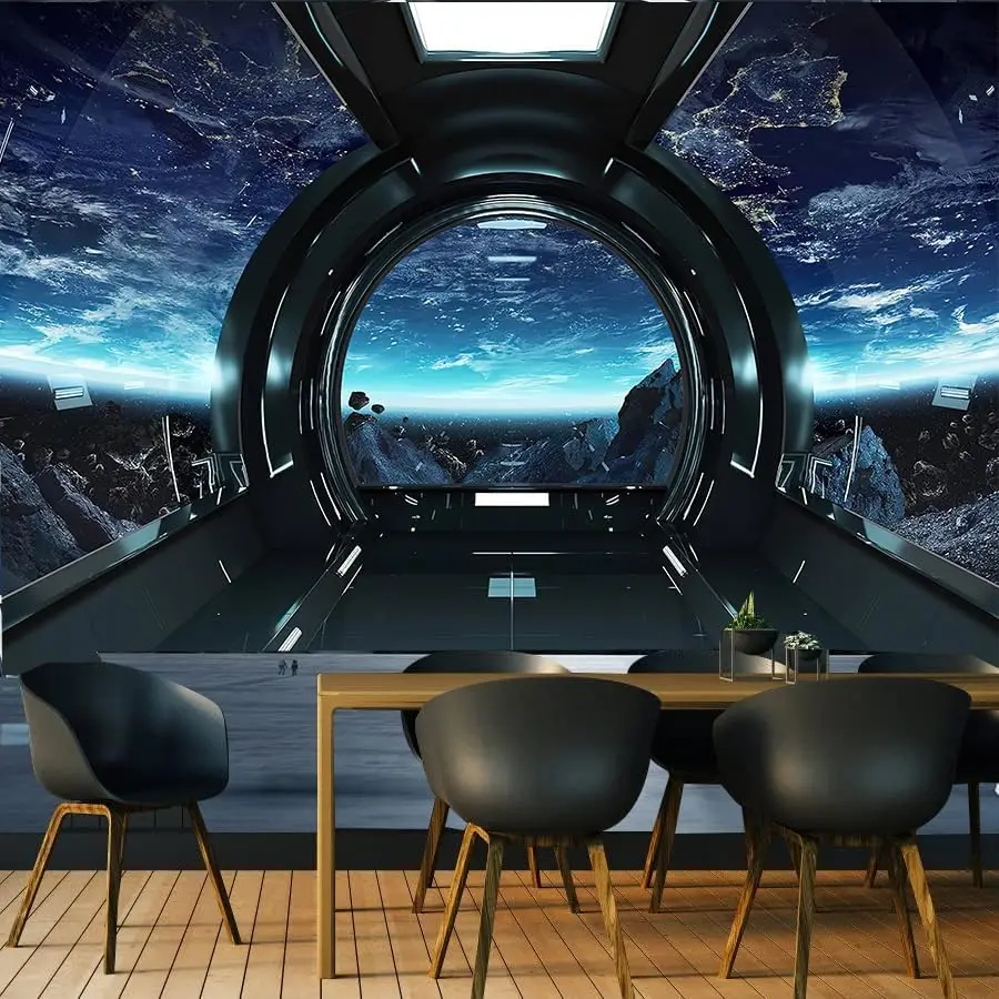 الخيال العلمي سفينة الفضاء نسيج محطة الفضاء المستقبلية كوكب الأرض جدار الفن لغرفة النوم غرفة المعيشة ديكور النوم