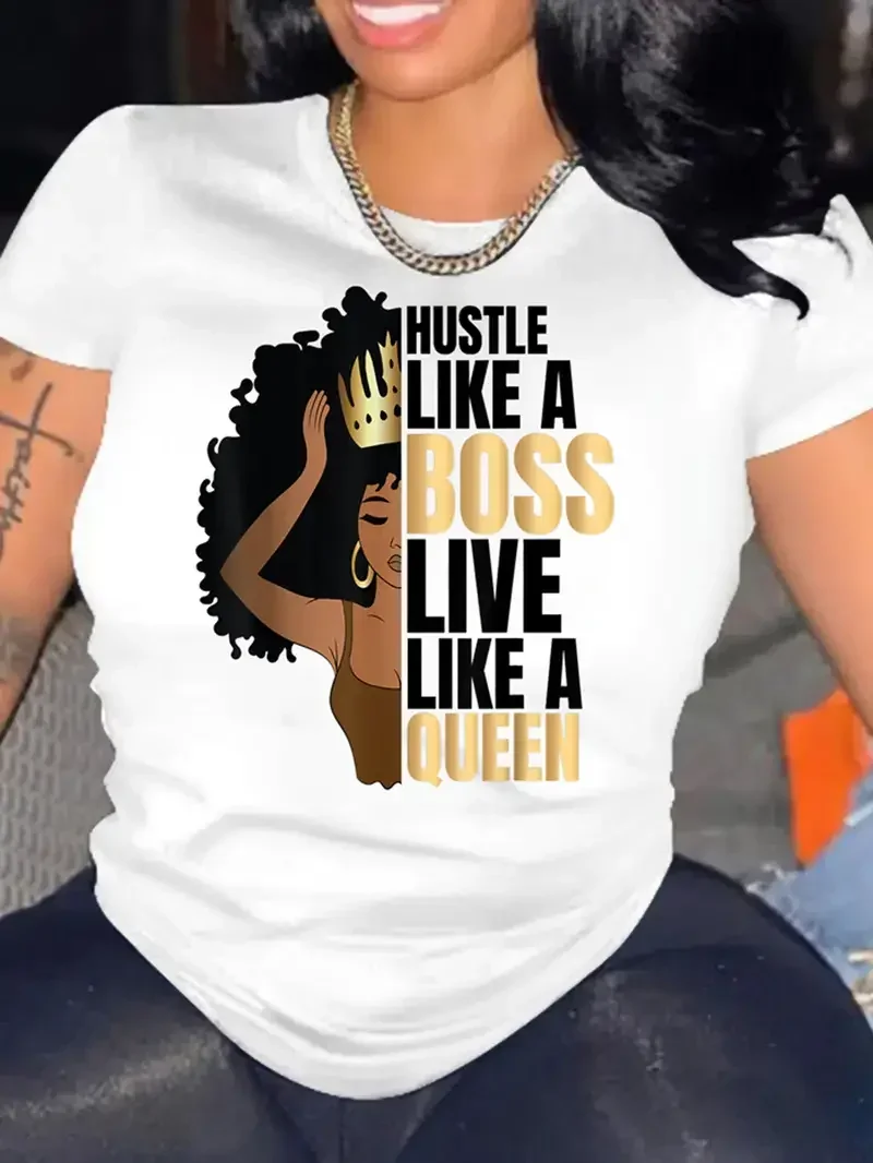 Plus Size Figure & Letter Print Crew Neck T-Shirt, Casualowa koszulka z krótkim rękawem na wiosnę i lato, odzież damska