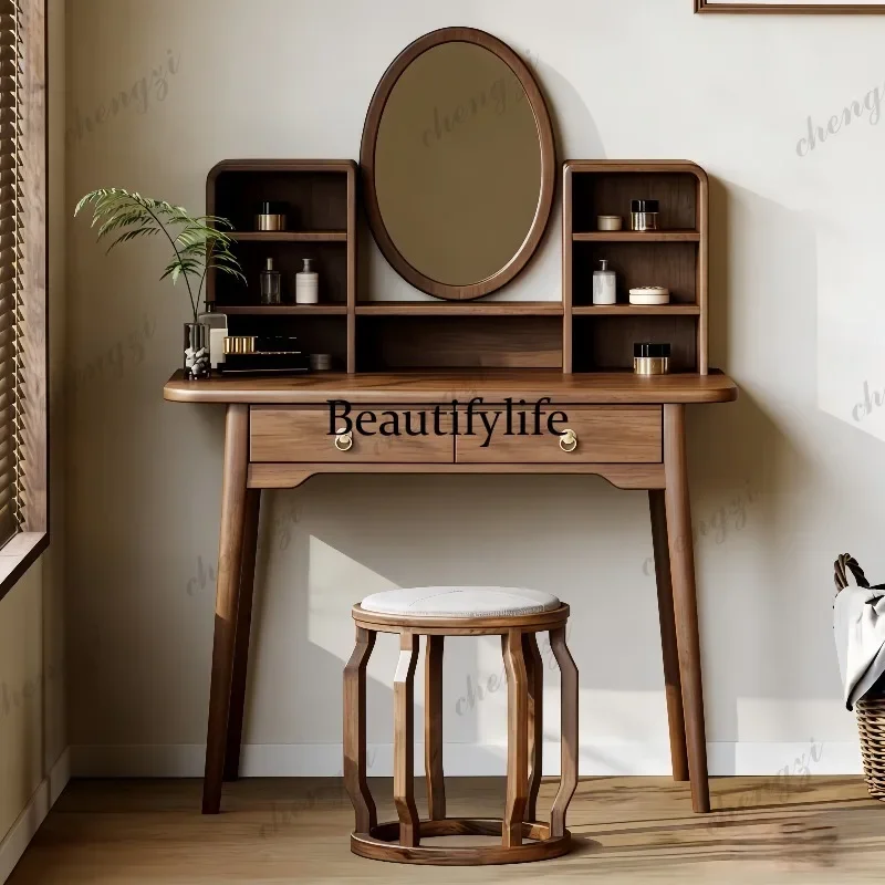 M07 Nordic style solid wood dresser with mirror bedroom makeup table multi-functional storage integrated ash wood