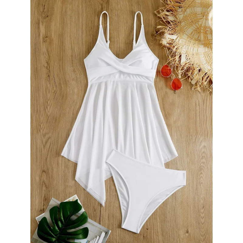 2025Two-Piece Swimsuit for Women, Solid Color Skirt Style, Mesh, Slimming, Sexy Swimwear, Bikini