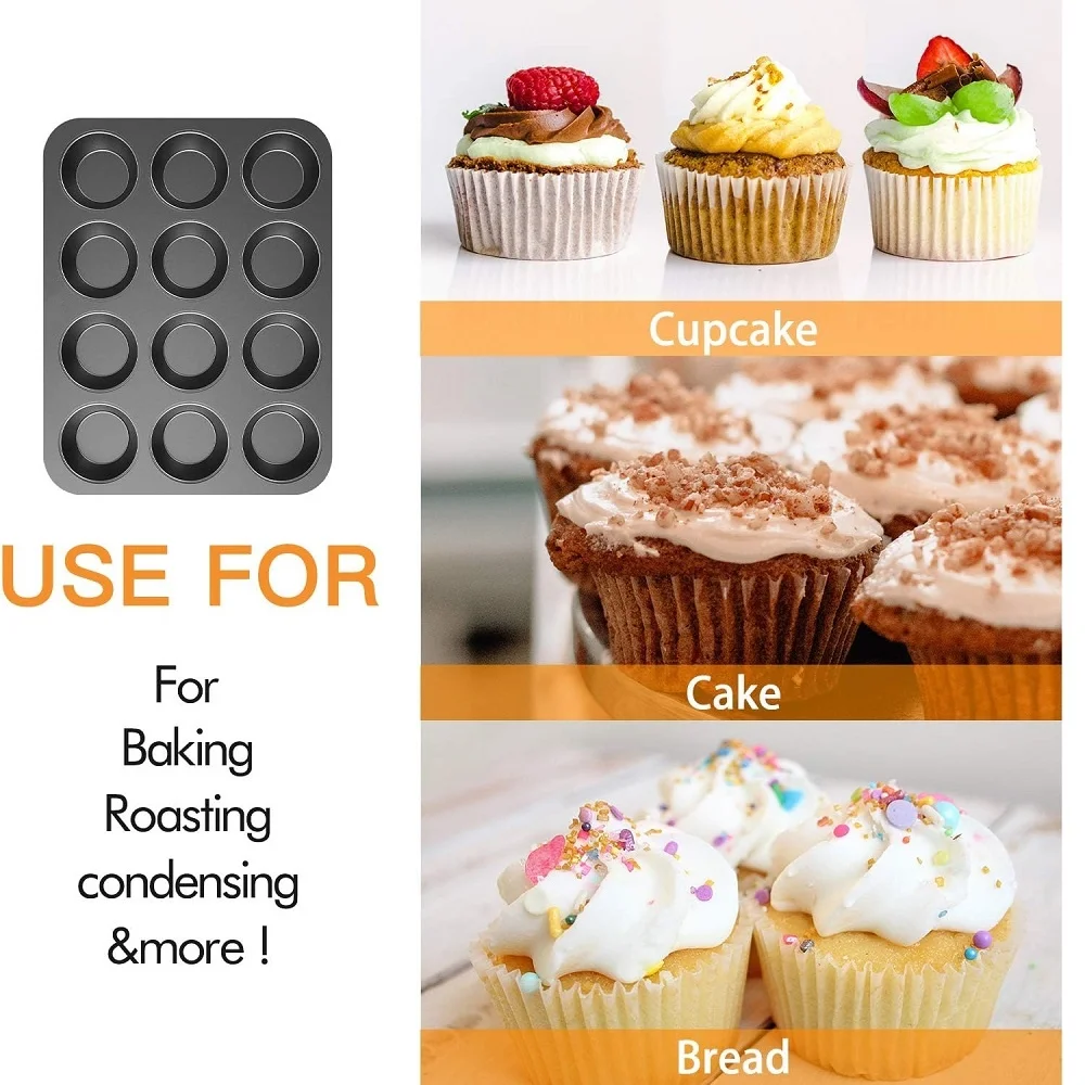 12-Cup Round Cupcake Pan Muffin Tray Cupcake Molds Muffin Pan Bakeware Non-Stick Bakeware Heavy Duty Carbon Steel Pan Muffin Tin