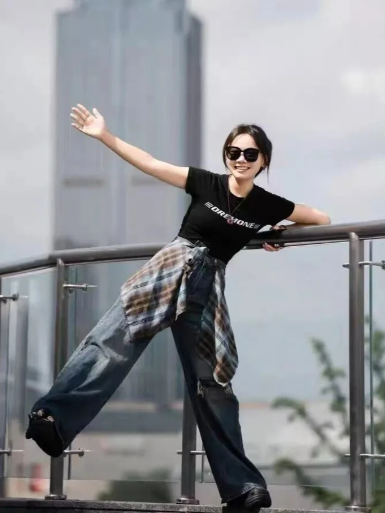 Trendy Vintage Streetwear Plaid Apron Ripped High Waist Baggy Wide Leg Denim Jeans For Petit Women Girls Daily Casual Wear Pants