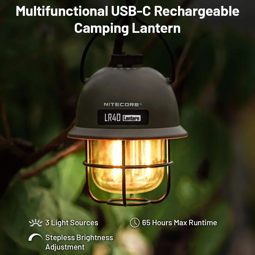 NITECORE LR40 فانوس التخييم مصباح يدوي USB-C قابل لإعادة الشحن 100 لومن وقت التشغيل 65 ساعة 3 مصادر الضوء