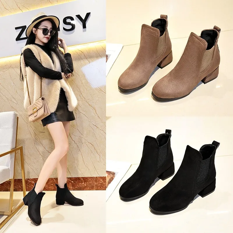 Women Ankle Boots Autumn Winter Boots Slip-on Round Toe Square Heel Solid Casual Black Camel Booties