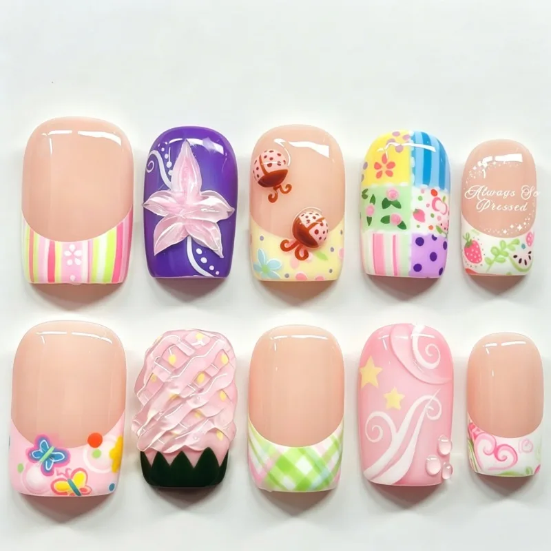 

24PCS Sweet Pink Flowers French False Nails Colorful Dopamine Stripes Strawberry Short Square Press on Nails Full Cover Wearable