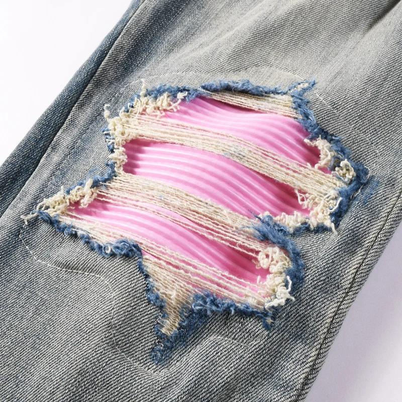 Y2KDesigner High Street Fashion Jeans Stretch Slimming Washed Light Blue Jeans Red Patched Hip Hop Brand Pants Hombre