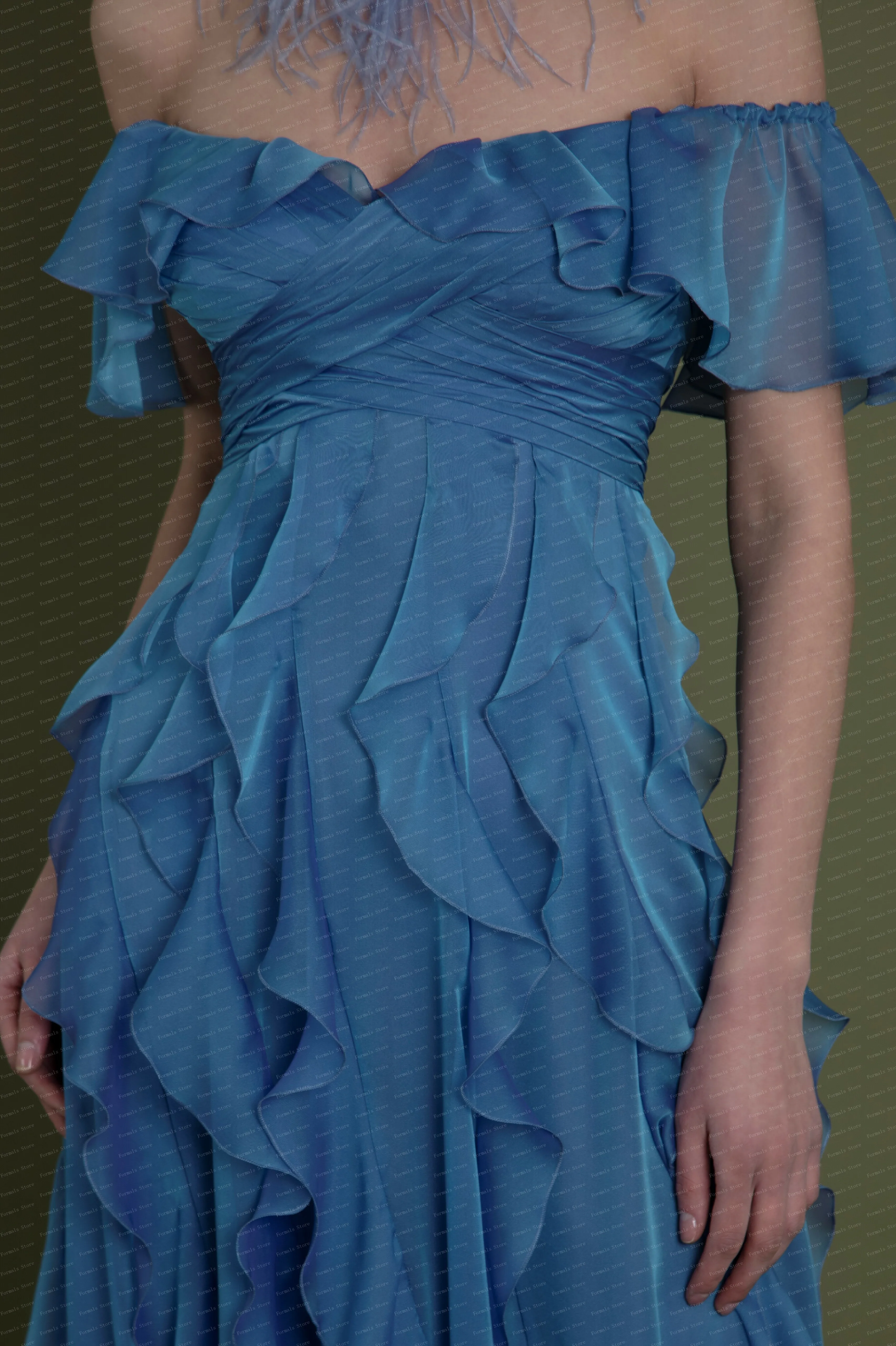 Off Shoulder Blue Chiffon A-lijn Ruches Avondjurken Floor Lengte Open Back Prom Jurk Met Rits Gelaagde Vrouw Kleding