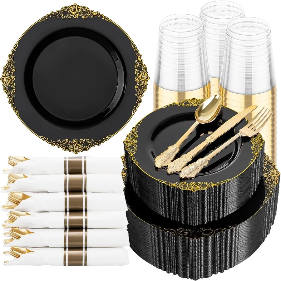 

350pcs Black and Gold Plastic Plates Diposable Dinnerware Set Suitable for 50 Guests Include 10.25" Dinner and 7.5" Dessert Pla