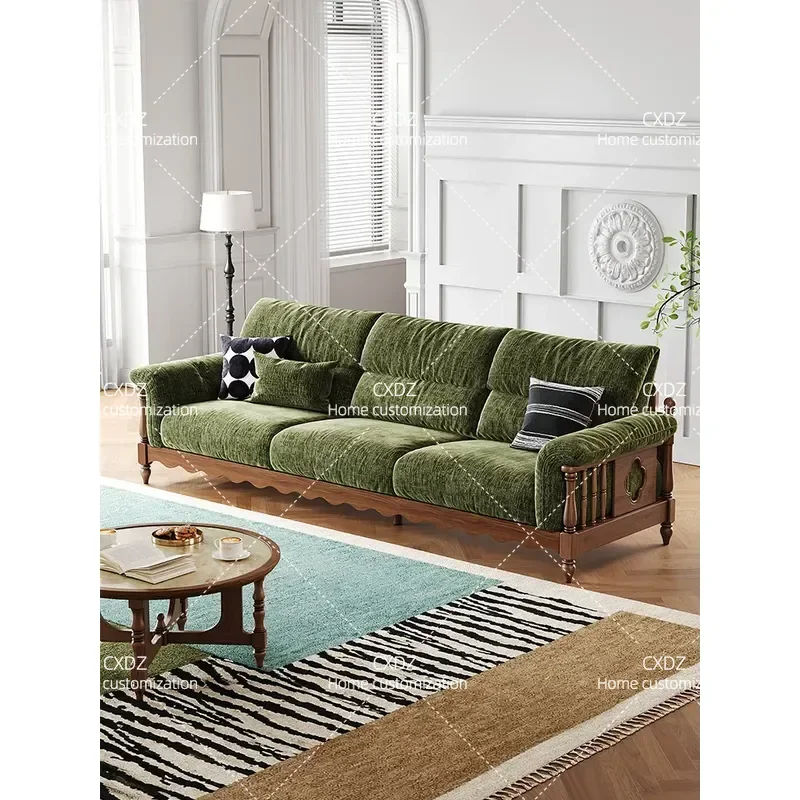 Medieval Solid Wood Sofa Living Room Home Straight Row Retro Fabric Couch 3 or 4 Seater Removable Washable Cover Furniture