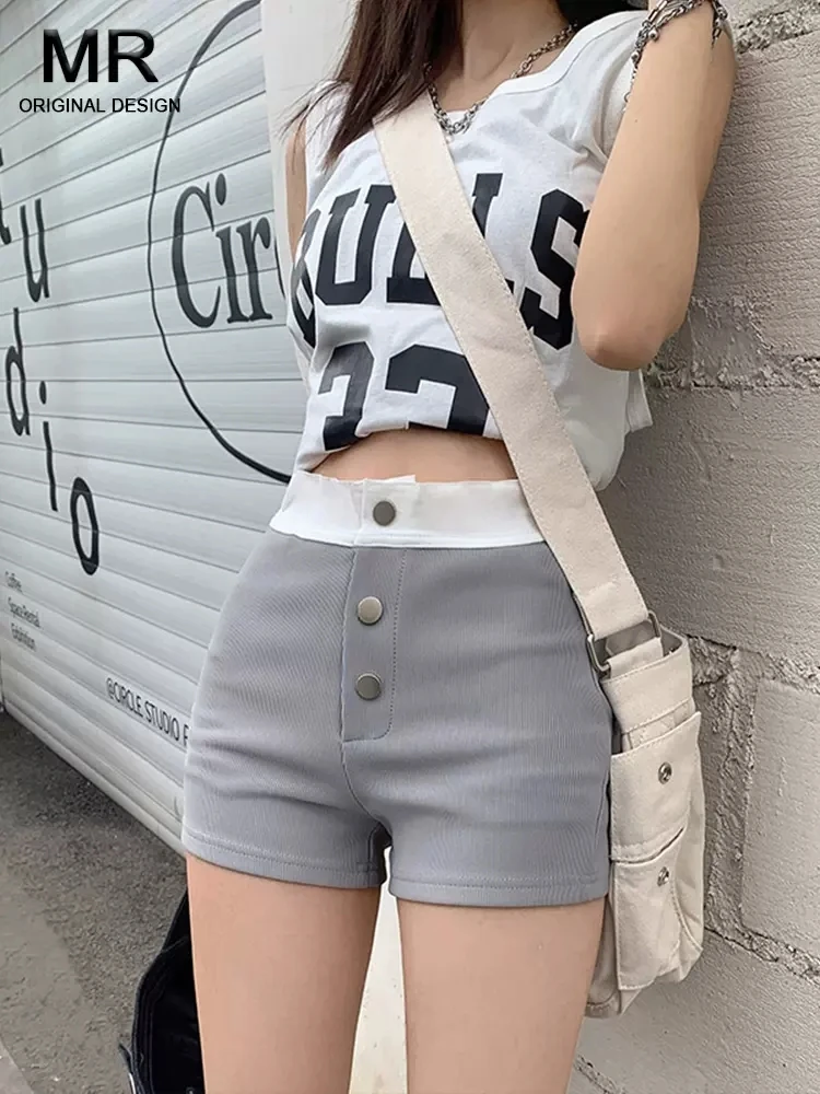 Grey Spicy Girl Tight Elastic Casual Shorts Women's High Waist Three Button Versatile Hot Pants Commute Style Korean Version