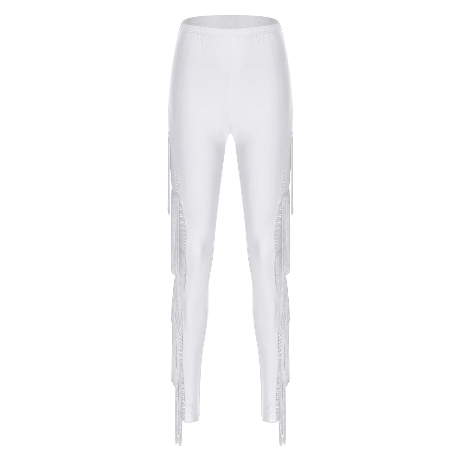 Women Latin Chacha Dance Leggings Side Sheer Mesh Tiered Tassel Elastic Waistband Skinny Pants Tfor Tango Salsa Dance Costume