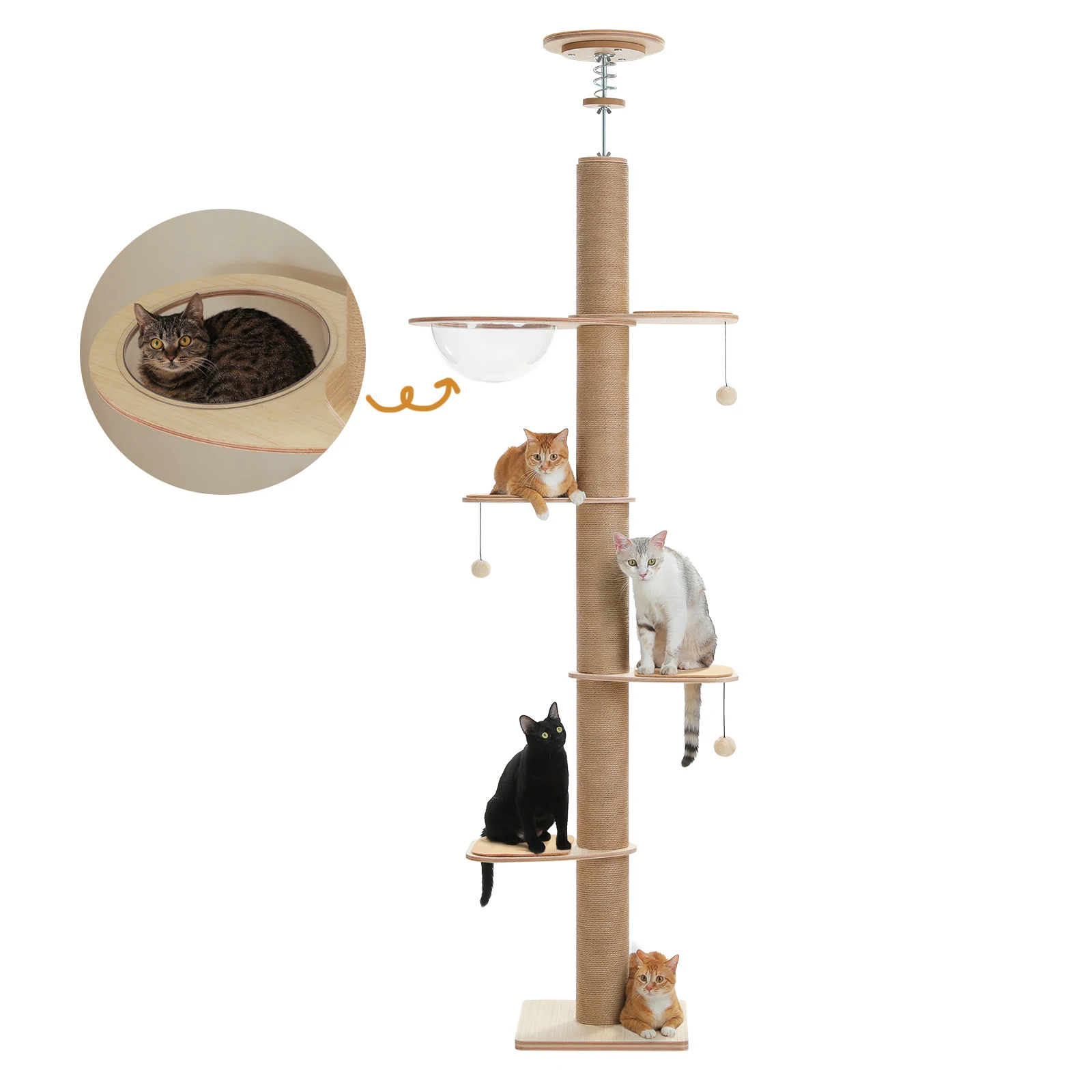 Bodenhoher Katzenbaum für Wohnungskatzen mit Verstellbarer Höhe, Holz-Katzenturm mit Dicken Kratzpfosten, Acryl-Höhle und Katzenspielzeug
