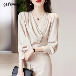 Satin Elegant Buttons Ruffled Office Lady Party Blouse Shirt Fashion Autumn Solid Long Sleeve V-neck Pullover Tops Women Blusas