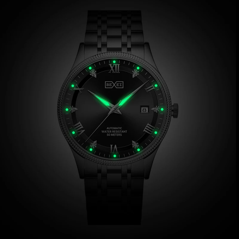 Reloj Automático Bexei para hombre luminoso de acero inoxidable 316L calendario mecánico zafiro reloj de lujo para hombre resistente al agua luminoso 9255
