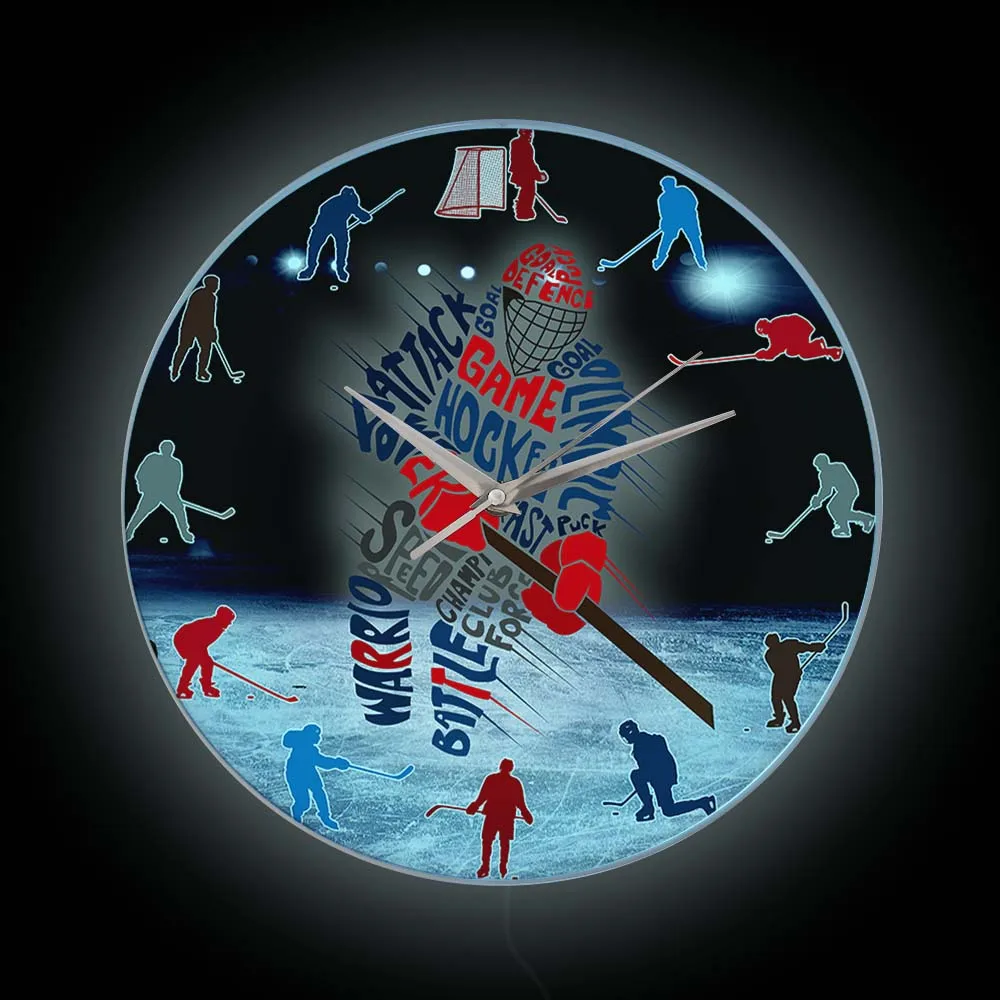 Hockey Player Typographic Style LED Night Light Wall Clock Sports Home Decor Ice Hockey Game Luminous Watch Bedside Night Lamp