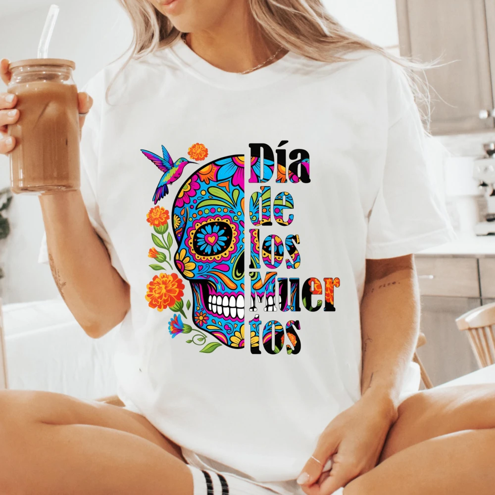 Colorful Floral Sugar Skull Printing Tshirt Día De Los Muertos Unisex Shirt Calavera Sugar Skull Tee Mexican Fiesta Cotton Shirt