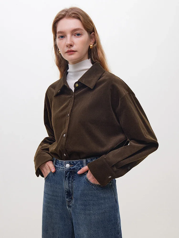 

FSLE Commuter Style Pure Cotton Long-sleeved Shirt for Women Autumn Winter 2023 New Corduroy Retro Shirt Top for Female