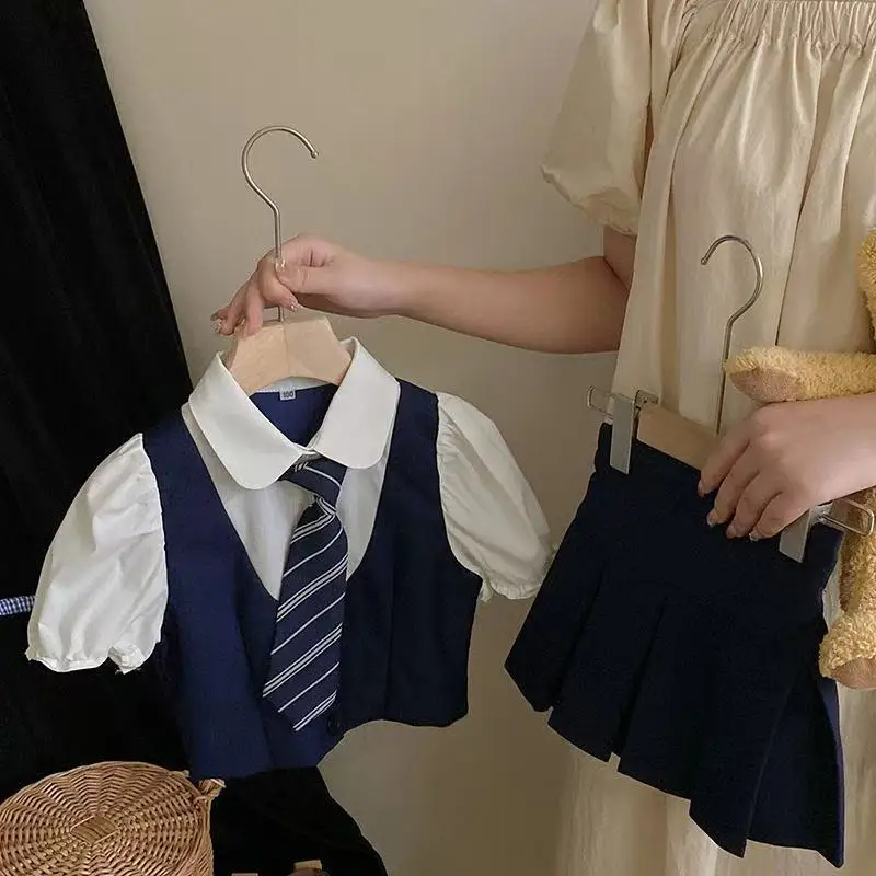 

Girls' Summer Set Korean Academy Wind Japanese Baby JK Uniform Children's Doll Collar Shirt+ Short Skirt Two-piece Set