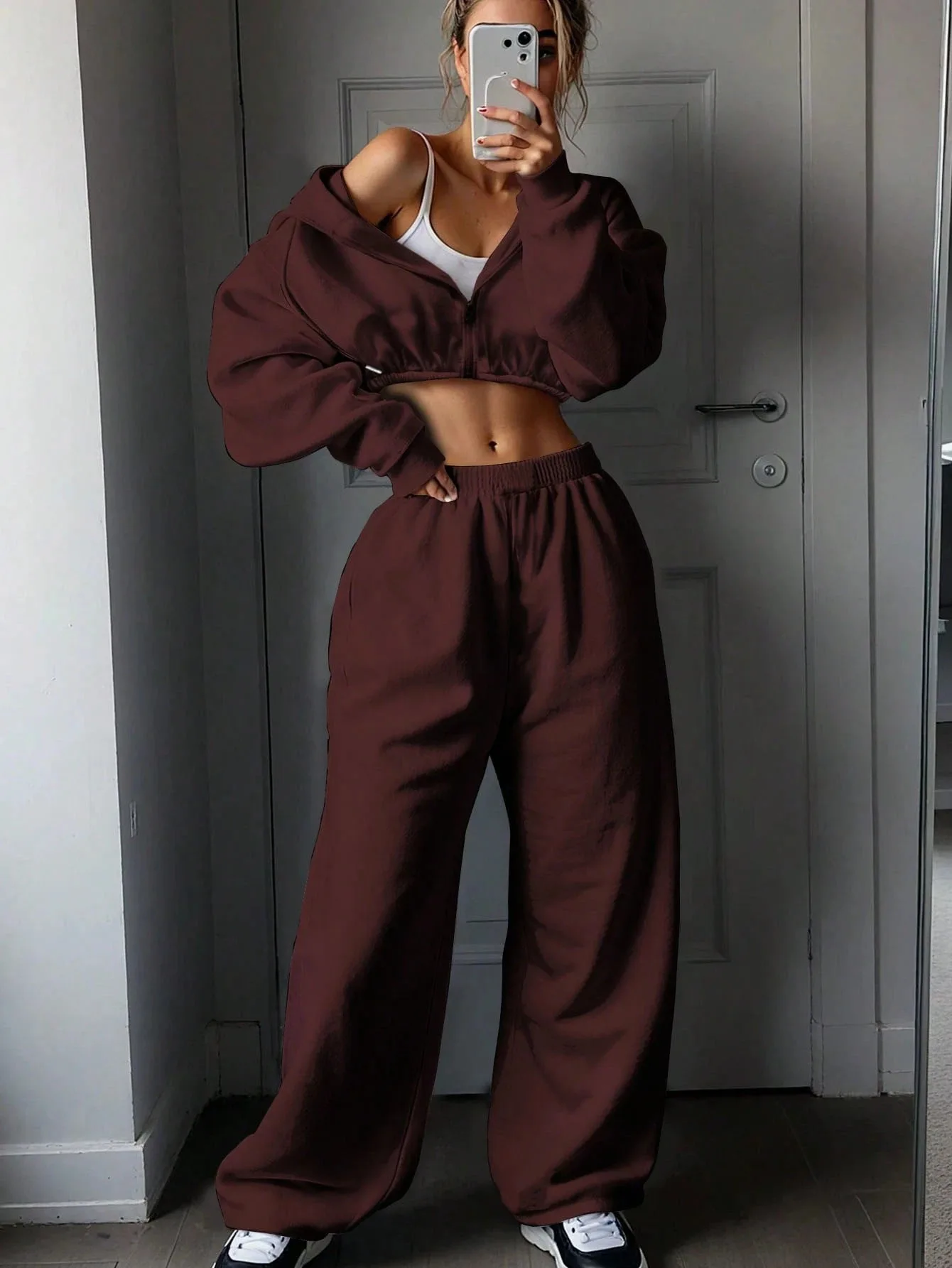 DSMTRC 2025 Autumn Ladies Casual Sport Two Piece Matching Sets Hoodies Crop Top+Sweatpants Pants Suits Black Club Outfits Woman