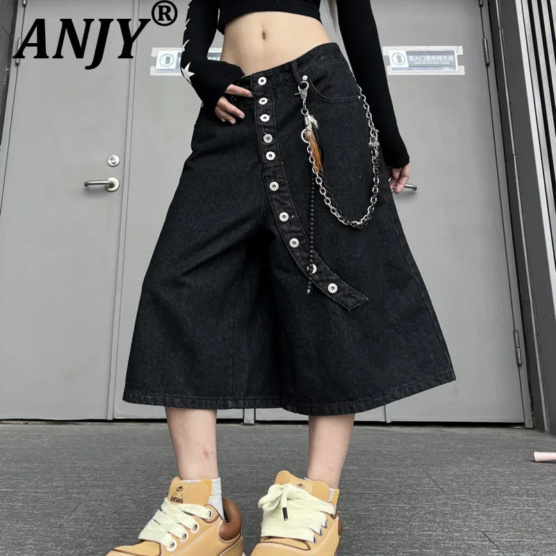 

ANJY Spring Summer New Women Dark Vintage Irregular Buttons Design Wide-Leg Calf-Length Pants Fashion Loose Casual Jeans A21809